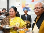 Chief minister Rekha Gupta and Union minister of Housing and Urban Affairs Manohar Lal Khattar during inauguration of Atal Canteen at Apna Bazar Nehru Nagar in Lajpat Nagar on Thursday. (Vipin Kumar/HT PHOTO)