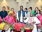 Jharkhand CM Hemant Soren with tribal representatives after the implementation of the PESA Act rules in the state. (ANI)