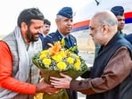 Union Home Minister Amit Shah being welcomed by Haryana Chief Minister Nayab Singh Saini on his arrival in Haryana. (PTI)