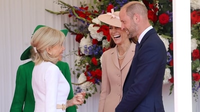 Brigitte Macron is received by Catherine, Princess of Wales and Prince William, Prince of Wales at Datchet Road on July 08, 2025 in Windsor, England. (via REUTERS)
