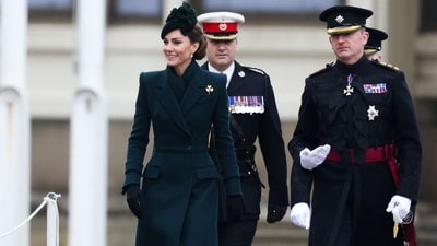Britain's Catherine, Princess of Wales (C) arrives to attend St Patrick's Day Parade at Wellington Barracks, central London, on March 17, 2025. (AFP) Britain's Catherine, Princess of Wales (C) arrives to attend St Patrick's Day Parade at Wellington Barracks, central London, on March 17, 2025. (AFP)