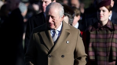 Britain's King Charles, along with members of the royal family, arrives to attend the Royal Family's Christmas Day service at St. Mary Magdalene's church, as the royals take residence at the Sandringham estate in eastern England, Britain, December 25, 2025. (REUTERS)