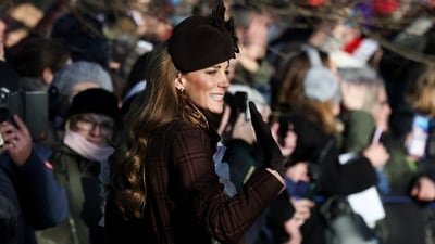 Britain's Catherine, Princess of Wales, gestures as she leaves after attending the Royal Family's Christmas Day service at St. Mary Magdalene's church, as the royals take residence at the Sandringham estate in eastern England, Britain, December 25, 2025 (REUTERS)