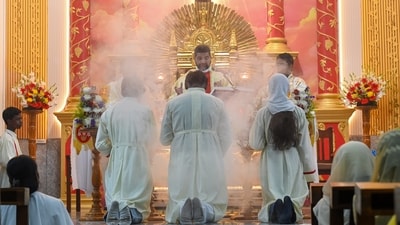 Christmas service is seen underway at St. Mary's Church on Christmas, in Noida sector 34 on Thursday. (Sunil Ghosh/Hindustan Times) Christmas service is seen underway at St. Mary's Church on Christmas, in Noida sector 34 on Thursday. (Sunil Ghosh/Hindustan Times)