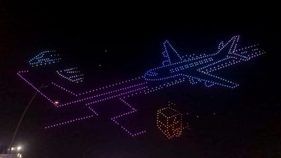 Drones light up the sky during an event ahead of the operational launch of the Navi Mumbai International Airport (NMIA), in Navi Mumba (PTI)