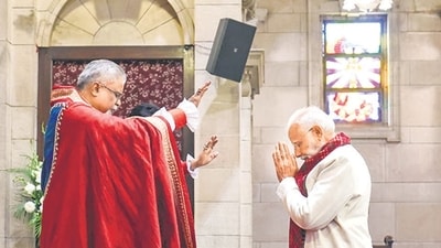 Pime Minister Narendra Modi during the Christmas morning service at the Cathedral Church of the Redemption, in New Delhi on Thursday. (DPR PMO) Pime Minister Narendra Modi during the Christmas morning service at the Cathedral Church of the Redemption, in New Delhi on Thursday. (DPR PMO)