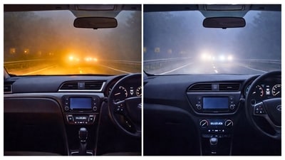Fog lights are mounted low and aimed downward to illuminate the road surface close to the vehicle. (AI Generated Representational Image) Fog lights are mounted low and aimed downward to illuminate the road surface close to the vehicle. (AI Generated Representational Image)