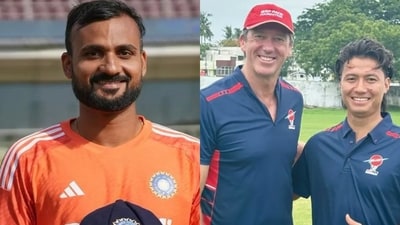 Akash Deep with Indian Test cap and Mibom Mosu with Glenn McGrath. (x images) Akash Deep with Indian Test cap and Mibom Mosu with Glenn McGrath. (x images)