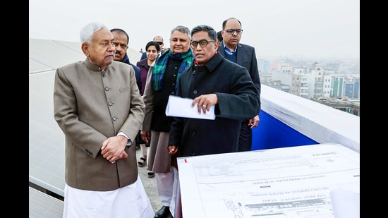 Bihar chief minister Nitish Kumar inspects the under-construction campus of the Bihar University of Health Sciences, Mithapur, in Patna on Wednesday. (ANI)