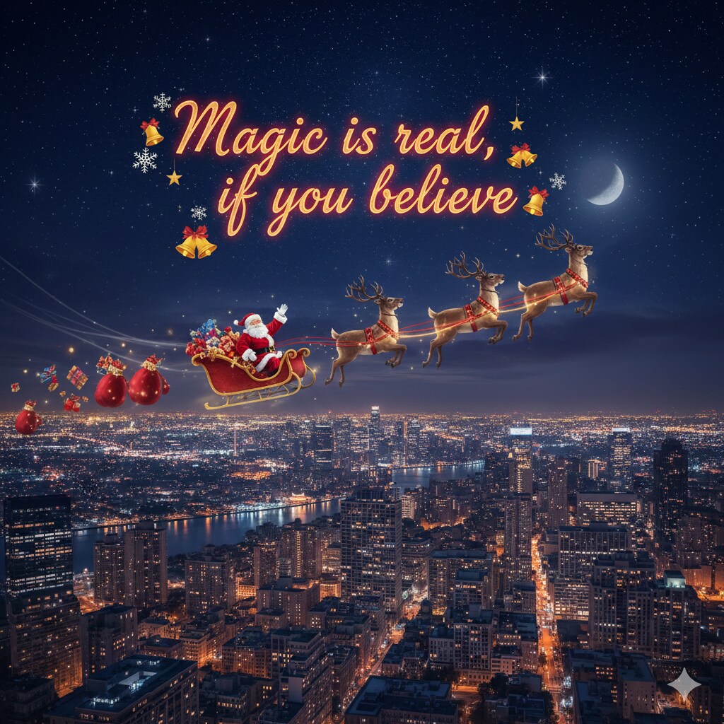 Santa on his sleigh over the city skyline. (AI Generated image) Santa on his sleigh over the city skyline. (AI Generated image)