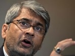 AIFF president Kalyan Chaubey speaks during a press conference in New Delhi in August 2025. (AFP)