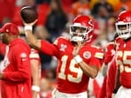 Chris Oladokun #19 of the Kansas City Chiefs warms up prior to the game against the Denver Broncos 
