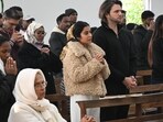 Devotees offering prayers at the Sector-19 church on Thursday afternoon. (Sanjeev Sharma/HT) Devotees offering prayers at the Sector-19 church on Thursday afternoon. (Sanjeev Sharma/HT)