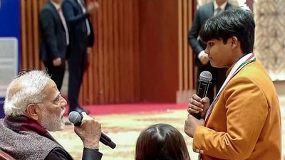 Prime Minister Narendra Modi interacts with a child awardee of the PM Rashtriya Bal Puraskar 2025, in New Delhi on Friday. (ANI Video Grab) Prime Minister Narendra Modi interacts with a child awardee of the PM Rashtriya Bal Puraskar 2025, in New Delhi on Friday. (ANI Video Grab)