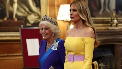 Britain's Queen Camilla (L) and US First Lady Melania Trump (R) arrive to attend a State Banquet at Windsor Castle. (AFP) Britain's Queen Camilla (L) and US First Lady Melania Trump (R) arrive to attend a State Banquet at Windsor Castle. (AFP)
