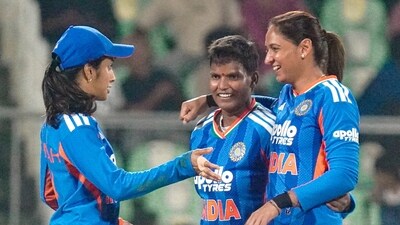 Deepti Sharma celebrating a wicket with Jemimah Rodrigues and Harmanpreet Kaur. (PTI) Deepti Sharma celebrating a wicket with Jemimah Rodrigues and Harmanpreet Kaur. (PTI)