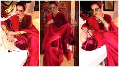 Rekha's latest look is a masterclass in monochromatic opulence, perfectly suited for a high-glamour festive celebration. (Instagram/ Manish Malhotra) Rekha's latest look is a masterclass in monochromatic opulence, perfectly suited for a high-glamour festive celebration. (Instagram/ Manish Malhotra)