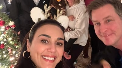 Preity Zinta posted joyful family photos on social media, highlighting her husband and children in festive celebrations.