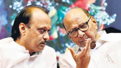 Pune, India - October 29, 2018: Nationalist Congress Party leaders Ajit Pawar and Sharad Pawar at the samvidhan bachao (save the Constitution) rally organised at Ganesh Kala Krida Manch on Monday. in Pune, India, on Monday, October 29, 2018. (Photo by Rahul Raut/HT PHOTO) Pune, India - October 29, 2018: Nationalist Congress Party leaders Ajit Pawar and Sharad Pawar at the samvidhan bachao (save the Constitution) rally organised at Ganesh Kala Krida Manch on Monday. in Pune, India, on Monday, October 29, 2018. (Photo by Rahul Raut/HT PHOTO)