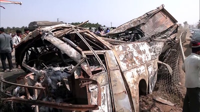 The wreckage of the vehicles involved in the crash in Chitradurga district on Thursday. (ANI) The wreckage of the vehicles involved in the crash in Chitradurga district on Thursday. (ANI)