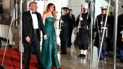 President Donald Trump and first lady Melania Trump arrive to welcome Saudi Arabia's Crown Prince Mohammed bin Salman for a dinner at the White House, Tuesday, Nov. 18, 2025, in Washington. (AP) President Donald Trump and first lady Melania Trump arrive to welcome Saudi Arabia's Crown Prince Mohammed bin Salman for a dinner at the White House, Tuesday, Nov. 18, 2025, in Washington. (AP)