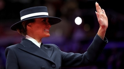 First lady Melania Trump gestures during the inaugural parade inside Capital One Arena on the inauguration day of U.S. President Donald Trump's second presidential term, in Washington, U.S. January 20, 2025. (REUTERS)