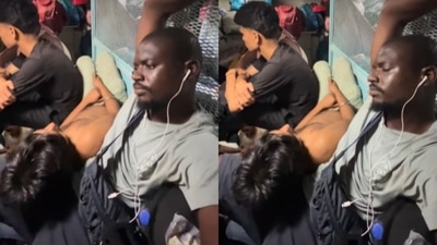 A Kenyan vlogger shared his crowded Indian general train journey, where a stranger slept on his lap. (Instagram/vinsoul_clips) A Kenyan vlogger shared his crowded Indian general train journey, where a stranger slept on his lap. (Instagram/vinsoul_clips)