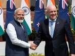 Indian Prime Minister Narendra Modi, left, greets visiting New Zealand Prime Minister Christopher Luxon before their meeting in New Delhi, India, Monday, March 17, 2025. 