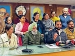Mayor Amarjit Singh Sidhu addressing a press conference in Mohali on Friday. (HT Photo)