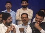 Mumbai, India - June 30, 2022: Eknath Shinde and Devendra Fadnavis interact with the media before the swearing-in ceremony at Raj Bhavan, in Mumbai, India, on Thursday, June 30, 2022. (Photo by Satish Bate/ Hindustan Times) (Satish Bate/HT PHOTO) Mumbai, India - June 30, 2022: Eknath Shinde and Devendra Fadnavis interact with the media before the swearing-in ceremony at Raj Bhavan, in Mumbai, India, on Thursday, June 30, 2022. (Photo by Satish Bate/ Hindustan Times) (Satish Bate/HT PHOTO)