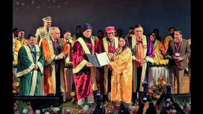 Jammu and Kashmir Lieutenant Governor Manoj Sinha hands out degrees at the 11th convocation ceremony of Shri Mata Vaishno Devi University in Katra on Saturday. (PTI) Jammu and Kashmir Lieutenant Governor Manoj Sinha hands out degrees at the 11th convocation ceremony of Shri Mata Vaishno Devi University in Katra on Saturday. (PTI)