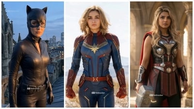 Katrina Kaif is Catwoman in a sleek leather catsuit, while Alia Bhatt appears as Captain Marvel in a star‑emblem suit, and Priyanka Chopra is Mighty Thor. (Instagram/ mr.hellrocker) Katrina Kaif is Catwoman in a sleek leather catsuit, while Alia Bhatt appears as Captain Marvel in a star‑emblem suit, and Priyanka Chopra is Mighty Thor. (Instagram/ mr.hellrocker)
