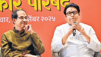 Mumbai, India. Dec 24, 2025 - After 20 years, Maharashtra Navnirman Sena (MNS) party chief Raj Thackeray and Shiv Sena (UBT) party president Uddhav Thackeray reunited ahead of the upcoming BMC elections. During a press conference held on Wednesday in Worli, the Thackeray brothers announced a formal alliance for the BMC and other municipal corporation elections.Mumbai, India. Dec 24, 2025. (Photo by Raju Shinde/HT Photo) (Raju Shinde)