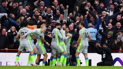 Manchester City's Rayan Cherki celebrates scoring their second goal with teammates. (Action Images via Reuters)