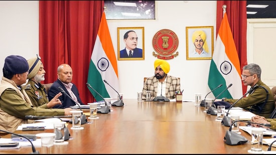 Punjab CM Bhagwant Mann during a high-level meeting with senior officers of Punjab Police in Chandigarh on Saturday. (@BhagwantMann X)