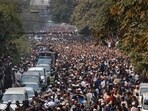 A convoy carrying the body of Sharif Osman Hadi, a student leader, who died after being shot in the head, moves along the crowd after the funeral prayer in Dhaka. A convoy carrying the body of Sharif Osman Hadi, a student leader, who died after being shot in the head, moves along the crowd after the funeral prayer in Dhaka.
