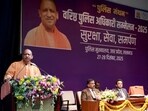 Chief minister Yogi Adityanath addressing the Police Manthan—Senior Police Officers’ Conference 2025. (HT)