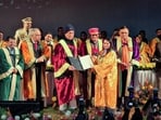 Jammu and Kashmir Lieutenant Governor Manoj Sinha hands out degrees at the 11th convocation ceremony of Shri Mata Vaishno Devi University in Katra on Saturday. (PTI)