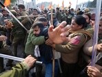 Protesters scuffle with police in Jammu on Saturday. (AP) Protesters scuffle with police in Jammu on Saturday. (AP)