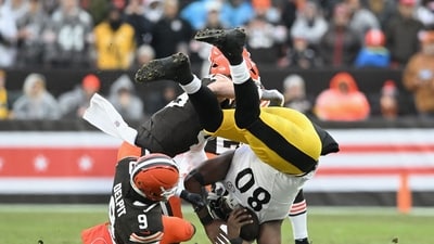Grant Delpit #9 of the Cleveland Browns tackles Darnell Washington #80 of the Pittsburgh Steelers during the first quarter at Huntington Bank Field on December 28, 2025 in Cleveland, Ohio. (Getty Images via AFP) Grant Delpit #9 of the Cleveland Browns tackles Darnell Washington #80 of the Pittsburgh Steelers during the first quarter at Huntington Bank Field on December 28, 2025 in Cleveland, Ohio. (Getty Images via AFP)
