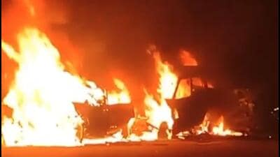 Firefighters doused the fire and the accidental vehicles were later removed from the main carriageway. (Video grab/HT Photo) Firefighters doused the fire and the accidental vehicles were later removed from the main carriageway. (Video grab/HT Photo)