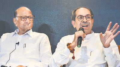 Mumbai, India- October 13, 2024: Maha Vikas Aghadi leaders NCP-SCP chief Sharad Pawar, Shiv Sena (Uddhav Balasaheb Thackeray) Chief Uddhav Thackeray, Congress leaders Nana Patole at the release the Gadharancha Pancnama and booklet during the joint press conference at Taj Land Ends Hotel in Mumbai, India, October 13, 2024. (Photo by Raju Shinde/HT Photo) (Hindustan Times) Mumbai, India- October 13, 2024: Maha Vikas Aghadi leaders NCP-SCP chief Sharad Pawar, Shiv Sena (Uddhav Balasaheb Thackeray) Chief Uddhav Thackeray, Congress leaders Nana Patole at the release the Gadharancha Pancnama and booklet during the joint press conference at Taj Land Ends Hotel in Mumbai, India, October 13, 2024. (Photo by Raju Shinde/HT Photo) (Hindustan Times)
