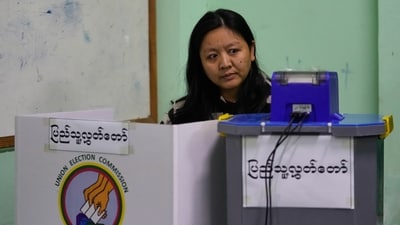 A voter casts a ballot at a polling station in Naypyitaw, Myanmar, Sunday, Dec. 28, 2025. (AP) A voter casts a ballot at a polling station in Naypyitaw, Myanmar, Sunday, Dec. 28, 2025. (AP)