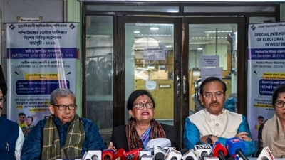 TMC leaders during a press conference after a meeting with West Bengal Chief Electoral Officer Manoj Agarwal. (PTI) TMC leaders during a press conference after a meeting with West Bengal Chief Electoral Officer Manoj Agarwal. (PTI)