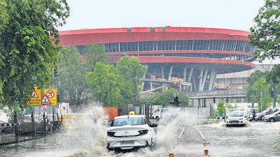 The waterlogged stretch in front of Supreme Court near Pragati Maidan after rain in 2022. (HT Archive) The waterlogged stretch in front of Supreme Court near Pragati Maidan after rain in 2022. (HT Archive)