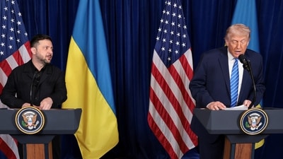 US President Donald Trump and Ukrainian President Volodymyr Zelensky hold a press conference after their lunch meeting at Trump’s Mar-a-Lago club, in Palm Beach, Florida. (REUTERS)