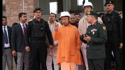 Uttar Pradesh CM Yogi Adityanath inspecting the NCC academy construction progress in Gorakhpur on Dec 28. (HT photo)