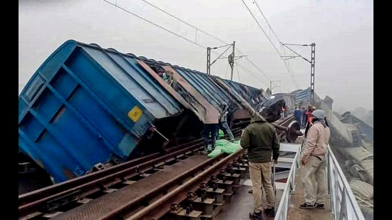 A cement-laden goods train derails on the Jasidih-Jhajha rail line in Jamui district, Bihar, on Sunday. (PTI)