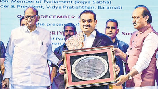 Adani Group Chairman Gautam Adani being felicitated by Maharashtra Deputy Chief Minister Ajit Pawar during the inauguration of the Sharadchandra Pawar Centre of Excellence in Artificial Intelligence at Vidya Pratishthan, in Baramati on Sunday. Nationalist Congress Party-Sharadchandra Pawar, Sharad Pawar, also present (ANI)