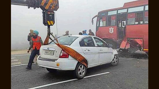 Police have seized illegal liquor from the car involved in the crash which took place in Samrala on Sunday. (HT Photo)